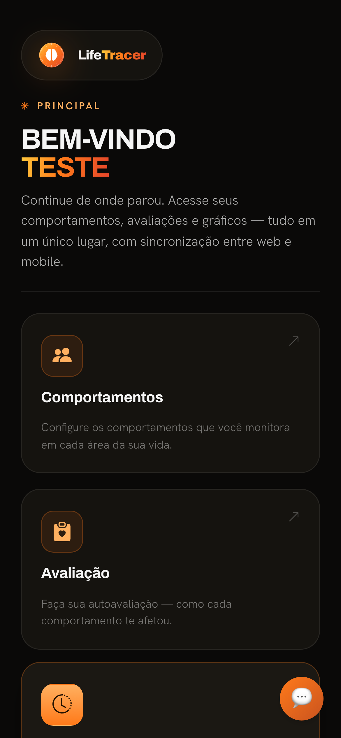 Tela inicial do aplicativo — acesso rápido a comportamentos, avaliações e gráficos